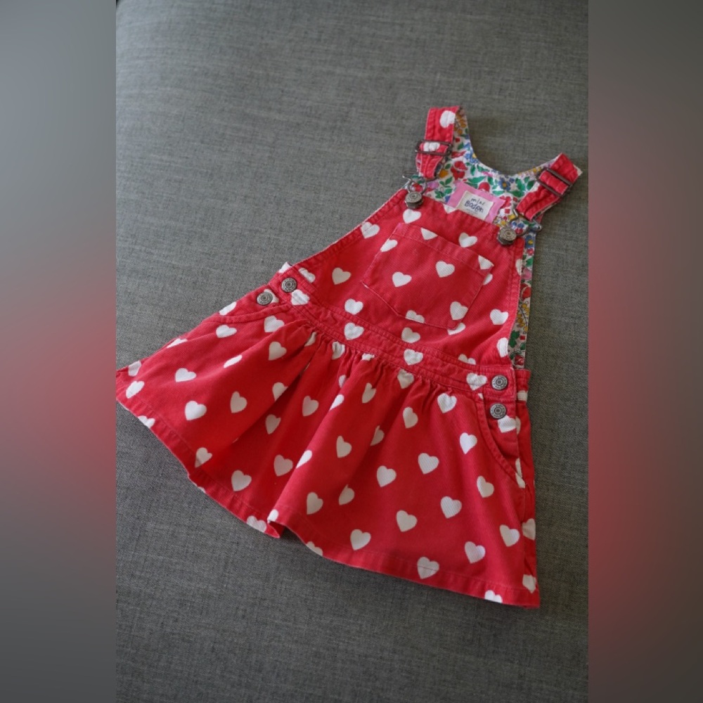 Mini Biden Pink Corduroy Overalls Dress in Heart Print